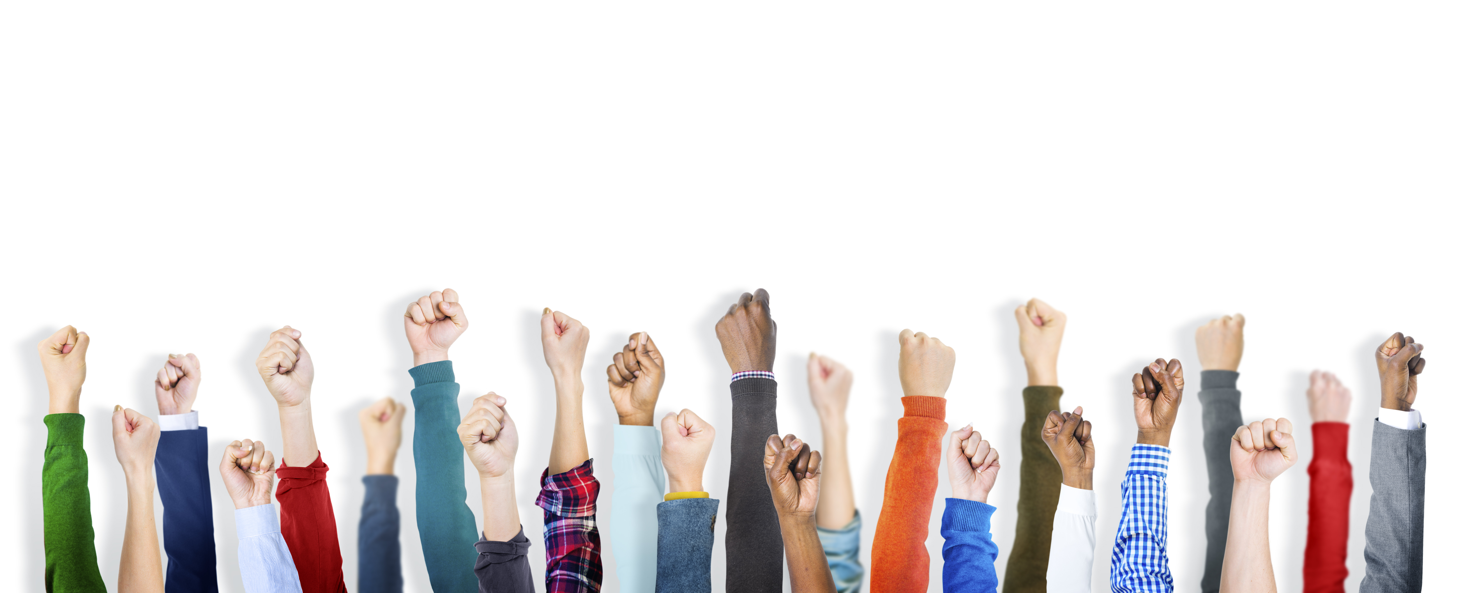 diverse group of people raising hands